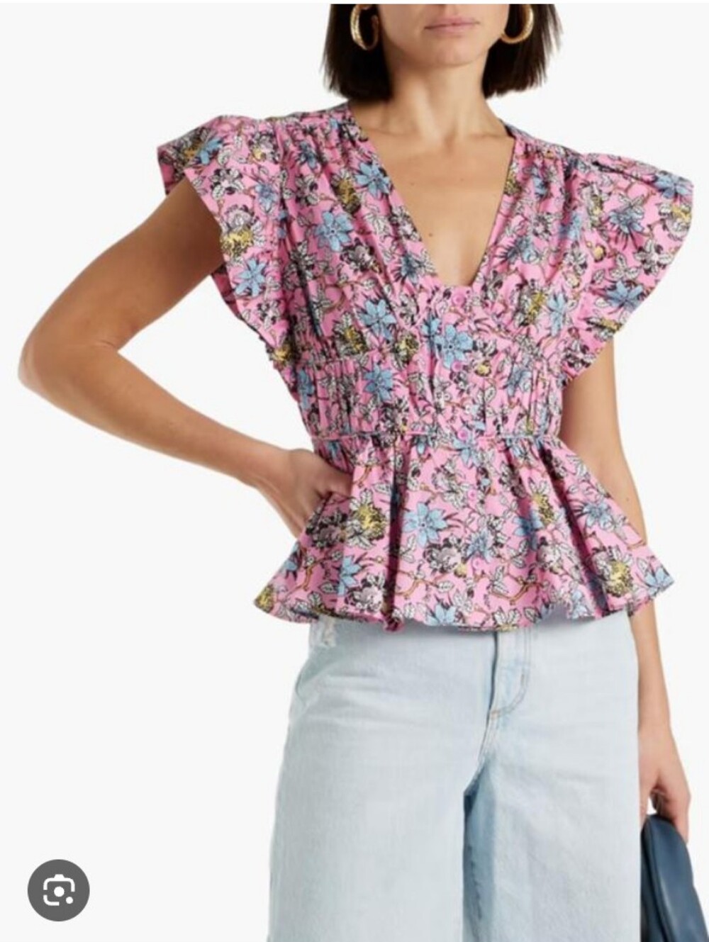 Pink Floral V-Neck Short Sleeve Peplum Top